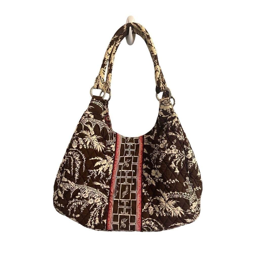 Vera Bradley Imperial Toile Large Hobo Shoulder Bag Brown White Pink Birds - Picture 2 of 16